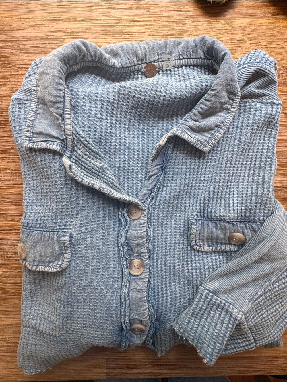 Free People Light Blue Cropped Waffle-Knit Button Jacket